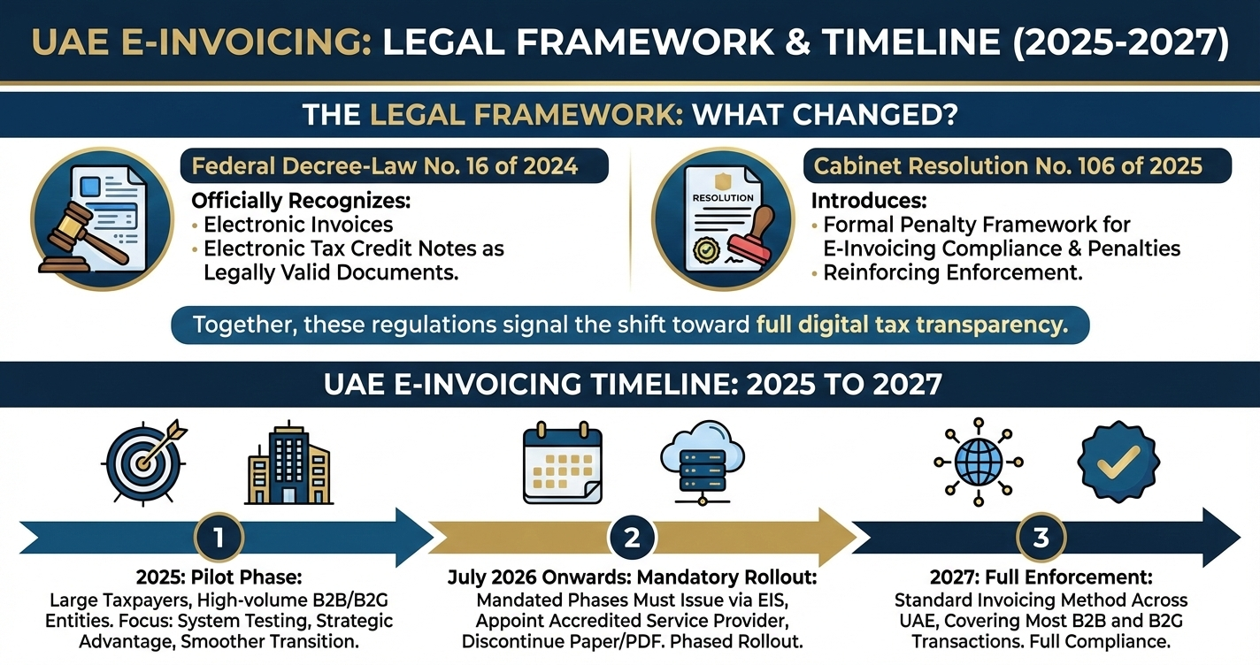 Infographic-of-UAE-E-Invoicing-legal-framework-and-phased-implementation-timeline-from-2025-to-2027