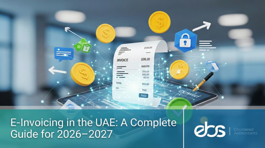 Futuristic graphic of a digital invoice, coins, and security icons floating over a tablet in an office.