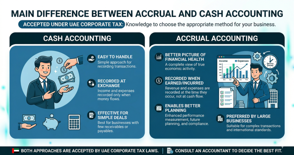 A detailed infographic comparing the differences between 'Cash Accounting' and 'Accrual Accounting' under UAE Corporate Tax laws.