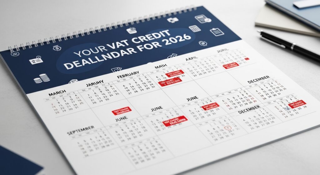 A 2026 calendar highlighting key UAE VAT credit claim deadlines and tax return dates on a desk